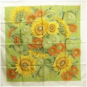 Salvatore Ferragamo Silk Scarf Muffler Cream x Lime Green Sunflower Pattern S...